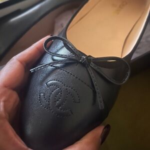 Black Leather Flats with Bow Detail